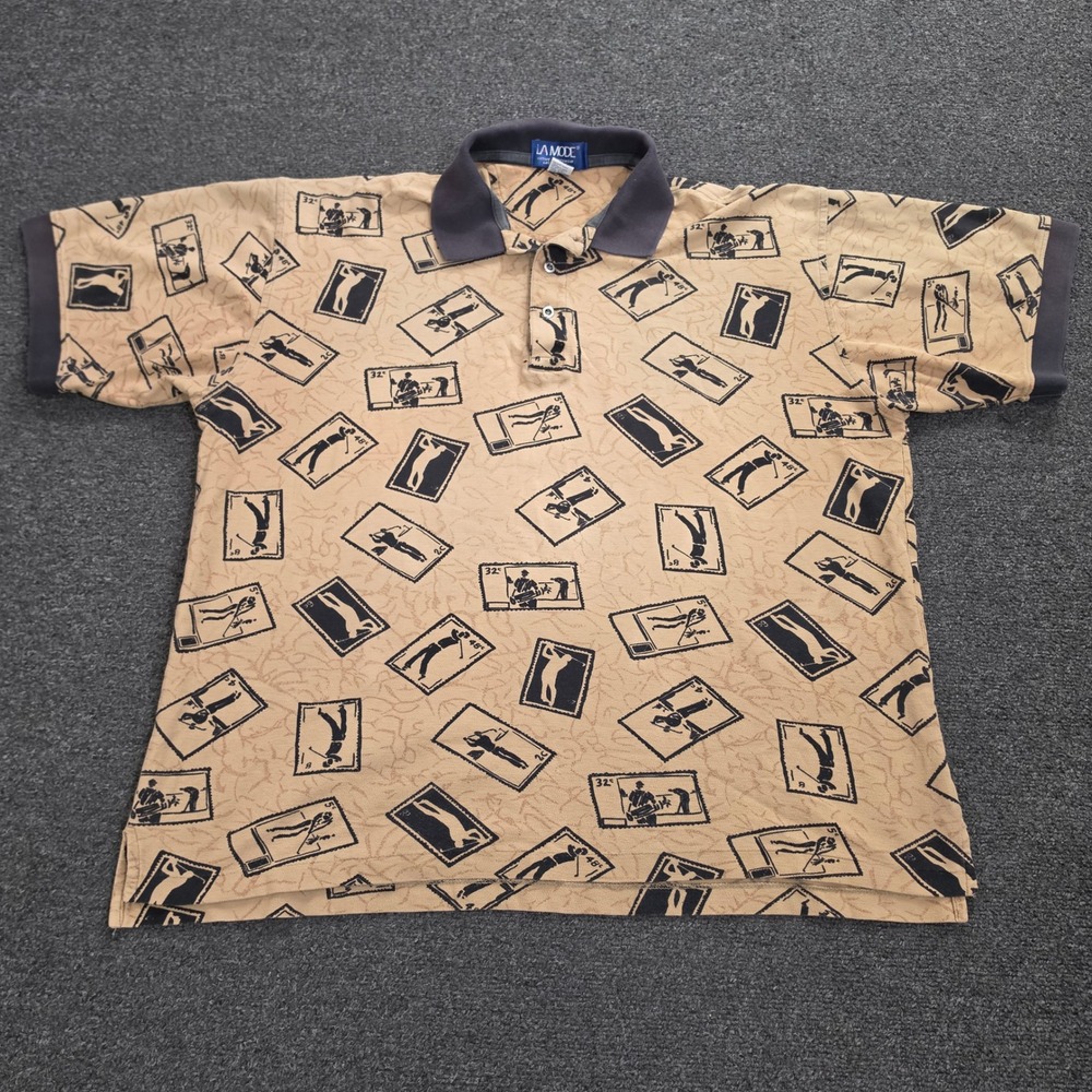 Vintage La Mode Golf Polo Shirt Mens XL Tan All Over Print Stamp Made In USA
